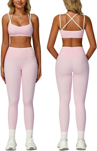 ABOCIW Two Piece Workout Sets for Women Color Block Strappy Sports Bra High Waist Leggings Yoga Pilates Outfits in Saudi Arabia