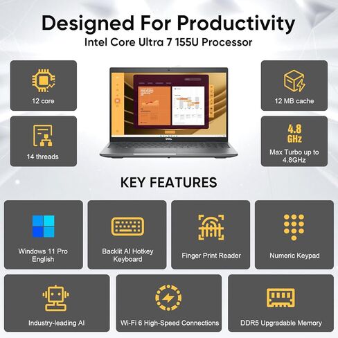 Dell Latitude 5550 15.6" FHD Business Laptop, Intel Ultra 7 155U Processor(12-Core, up to 4.8 GHz), 64GB DDR5 RAM, 2TB SSD, WiFi 6E, Bluetooth, Backlit Keyboard, Fingerprint Reader, Windows 11 Pro in Saudi Arabia
