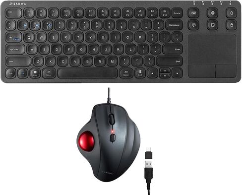 SANWA Wired Trackball Mouse + Bluetooth Keyboard with Touchpad Set, Silent Click Roller Ball Mice, Multi Device Trackpad Keyboard, Compatible with Mac, Laptop, Computer, Windows, macOS, Red in Saudi Arabia