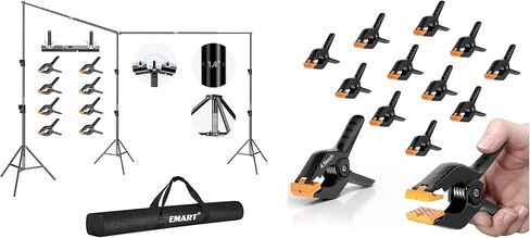 حامل خلفي قابل للتعديل من EMART، حامل خلفية مقاس 10 × 20، طقم نظام دعم خلفية التصوير الفوتوغرافي عالي التحمل + EMART 12 حزمة من المشابك الزنبركية شديدة التحمل مقاس 4.5 بوصة، مشابك خلفية احترافية كبيرة من البلاستيك in Kuwait
