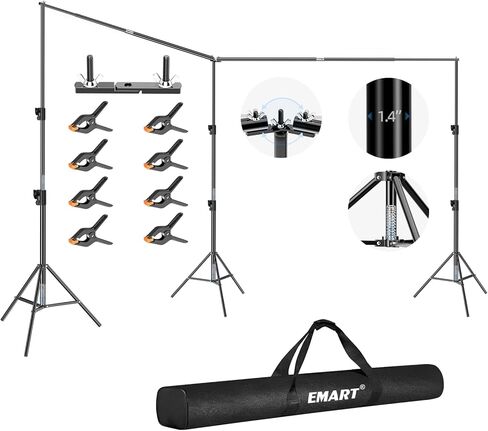 حامل خلفي قابل للتعديل من EMART، حامل خلفية مقاس 10 × 20، طقم نظام دعم خلفية التصوير الفوتوغرافي عالي التحمل + EMART 12 حزمة من المشابك الزنبركية شديدة التحمل مقاس 4.5 بوصة، مشابك خلفية احترافية كبيرة من البلاستيك in Kuwait