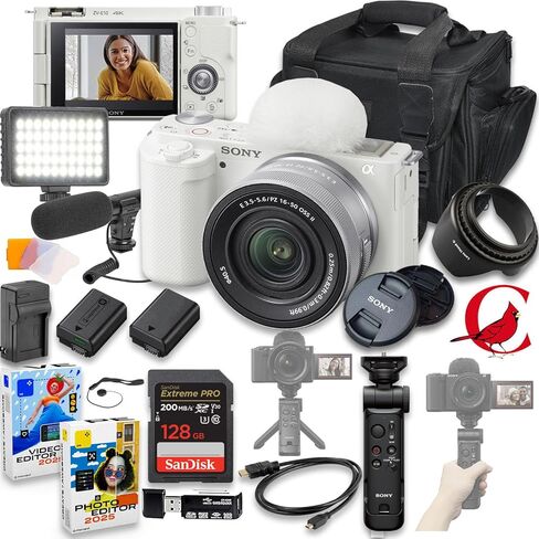 Sony ZV-E10 Mirrorless Camera with 16-50mm Lens (White) + GP-VPT3 Wireless Shooting Grip + 128 GB Memory + Tripod + More (25pc Bundle) in Saudi Arabia