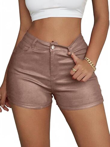 SOFIA'S CHOICE Women's Faux Leather Shorts High Waisted Roll Hem Pleated Mini Short with Pockets in Saudi Arabia