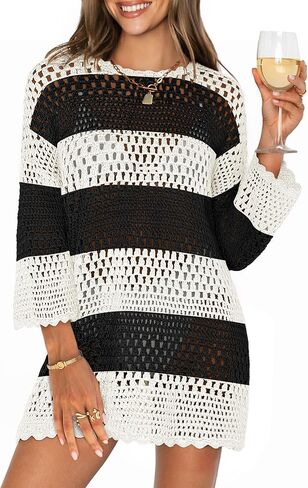 ANRABESS Women 3/4 Sleeve Swimsuit Cover Up 2026 Summer Beach Vacation Clothes Crochet Knit Bathing Suit Swimwear Mini Dress in Saudi Arabia