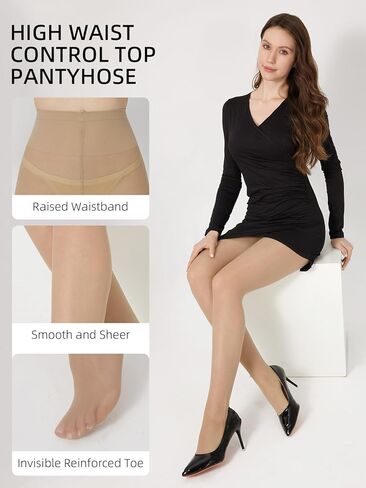 2 Pair T-Crotch Sheer Pantyhose for Women- 30D High Waist Control Top Stockings with Invisible Reinforced Toes in Saudi Arabia