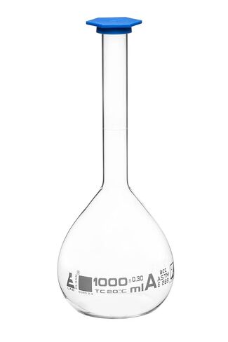 Volumetric Flask, 200ml - Class A, ASTM - Tolerance ±0.120ml - Blue Snap Cap - Single, White Graduation - Borosilicate Glass - Eisco Labs in Saudi Arabia