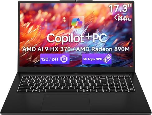 كمبيوتر محمول AI مقاس 17.3 بوصة، AMD Ryzen AI 9 HX 370(50 Tops NPU)، Radeon 890M، ذاكرة الوصول العشوائي 16 جيجابايت 1 تيرابايت SSD، DDR5، 144 هرتز، PD 100W USB-C 4.0، Copilot+ PC AI كمبيوتر محمول مع Wi-Fi 6E لطلاب الأعمال العاملين in Kuwait