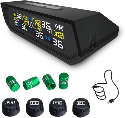 نظام مراقبة ضغط الإطارات TPMS، جهاز مراقبة ضغط الإطارات بالشحن بالطاقة الشمسية مع 4 أجهزة استشعار خارجية و6 أوضاع إنذار، 0-99 رطل لكل بوصة مربعة، TPMS لاسلكي في الوقت الحقيقي لسيارة سيدان SUV - مع 4 أغطية صمام الإطارات in Kuwait