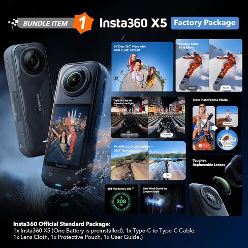 Insta360 X5 Elite Bundle - Waterproof 8K 360° Action Camera, 1/1.28" 72MP Sensors, 4K Wide-Angle Video, with Extra Battery, Fast Charge Case, Invisible Selfie Stick, Carrying Case, Lens Cap in Saudi Arabia