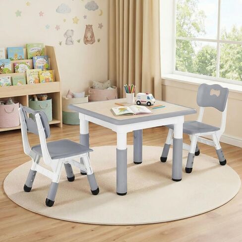 Arlopu Kids Table and 2 Chairs Set, Height Adjustable Toddler Desk, Baby Activity Art Table with Wipe-Clean Desktop, Ergonomic Chair, Anti-Slip Legs, Montessori Education for Daycare, Home, Preschool in Saudi Arabia