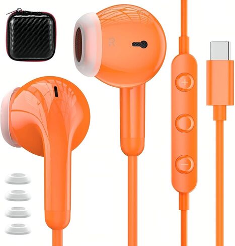 سماعات أذن سلكية USB C لهاتف iPhone 17 16 15 Pro Max، سماعات رأس من النوع C مع ميكروفون للتحكم في مستوى الصوت لهاتف Samsung S25 S24 S23 S22 S21 S20 FE Ultra، سماعات أذن داخل الأذن لإلغاء الضوضاء لجهاز iPad 10/Pixel 9 8 7، برتقالي in Kuwait