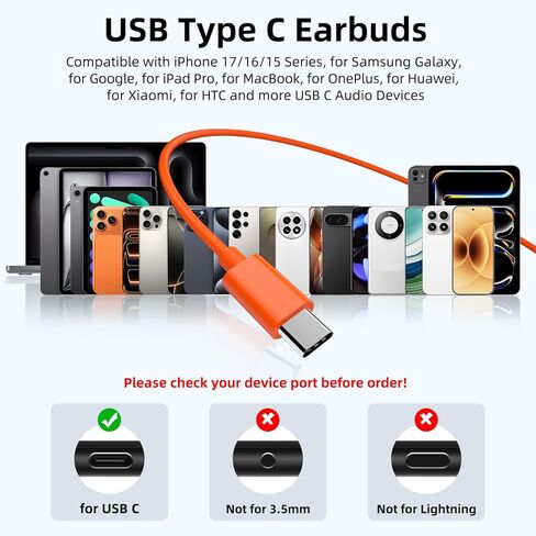 سماعات أذن سلكية USB C لهاتف iPhone 17 16 15 Pro Max، سماعات رأس من النوع C مع ميكروفون للتحكم في مستوى الصوت لهاتف Samsung S25 S24 S23 S22 S21 S20 FE Ultra، سماعات أذن داخل الأذن لإلغاء الضوضاء لجهاز iPad 10/Pixel 9 8 7، برتقالي in Kuwait