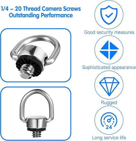 2 Pack D Ring Screw, 1/4"-20 Thread Camera Aluminum Alloy Fixing Screw with Rubber Padded Hinged Holder Quick Release Wrist Strap Sling Accessories for Tripod Camera, Selfie Stick, Gimbal (Silver) in Kuwait