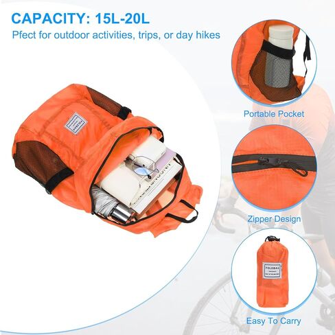 Hiking Backpack, 15L-20L Packable Lightweight Backpack Daypack Foldable Outdoor Climbing Cycling Backpacking Shoulder Bag for Men Women, Orange in Saudi Arabia