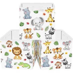 11.8" Jungle Animals Cube Storage Organizer Set 3Pcs Lion Giraffe Elephant Cube Storage Bin for Bathroom/Bedroom Parent Book Chest, Green Plant in Kuwait