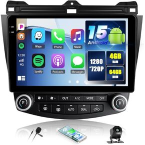 4+64G Android 15 Car Stereo for Honda Accord 2003-2007 with Wireless Carplay Android Auto, 10.1 inch 1280 * 720P IPS Touchscreen Bluetooth Car Radio Support GPS WiFi Rear Camera FM RDS EQ in Kuwait