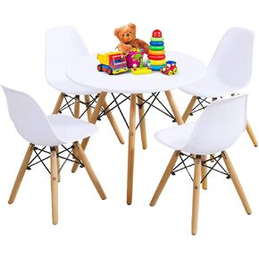 Costzon Kids Table and Chair Set, 5 PCS Mid-Century Modern Style Kids Desk Set w/Wood Legs, Iron Frame for Dining Drawing Playing & Strong Bearing Capacity, Toddler Table and Chairs (White) in Kuwait