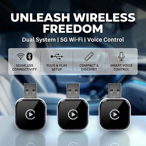 محول CarPlay اللاسلكي للمركبة، موصل الهاتف الخلوي الصوتي اللاسلكي للسيارة، أوضاع مزدوجة اتصال WiFi/Bluetooth 5.0، التحكم الصوتي الذكي، توصيل وتشغيل واجهة USB-A، صغير محمول in Saudi Arabia