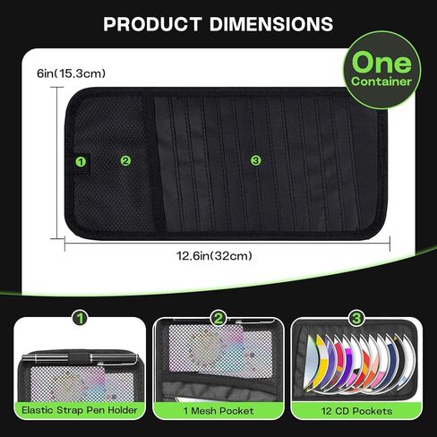 Black CD Holder for Car,Car CD Holder,Visor CD Holder,Large Capacity for 12 DVD Storage Pockets 1 Mesh Pocket 1 Pen Slot 1 Back Inner Pocket and Elastic Strap (Black) in Saudi Arabia