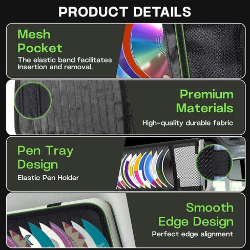 Black CD Holder for Car,Car CD Holder,Visor CD Holder,Large Capacity for 12 DVD Storage Pockets 1 Mesh Pocket 1 Pen Slot 1 Back Inner Pocket and Elastic Strap (Black) in Saudi Arabia