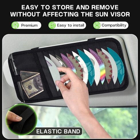 Black CD Holder for Car,Car CD Holder,Visor CD Holder,Large Capacity for 12 DVD Storage Pockets 1 Mesh Pocket 1 Pen Slot 1 Back Inner Pocket and Elastic Strap (Black) in Saudi Arabia