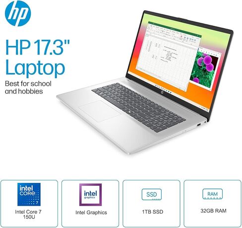 HP 17 inch Touchscreen Laptop (17.3" HD+, Intel 10-Core i7 150U (> Ultra 5 125U), 32GB RAM, 1TB SSD) for Business, Home, Students, Narrow Bezel, Webcam, Fast Charge, Wi-Fi 6, Win 11 Home w/Copilot in Kuwait