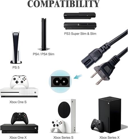 Master Cables 2 Pin US/Canada Mains Power Lead Figure 8 Cable 5ft – Compatible with PS4, PS5, Xbox, Samsung, LG, Toshiba, Sony TV, HP, Brother Printer, Laptop Charger – US Plug Cord in Saudi Arabia