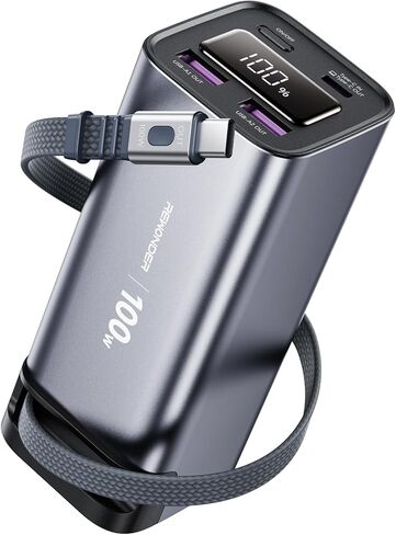 بنك الطاقة REWONDER 100 واط للشحن السريع بقدرة 20000 مللي أمبير في الساعة مع كابل USB-C مدمج قابل للسحب، شاحن محمول لأجهزة الكمبيوتر المحمول MacBook وسلسلة iPhone 17/16 وSamsung وTSA معتمد للسفر الجوي in Kuwait