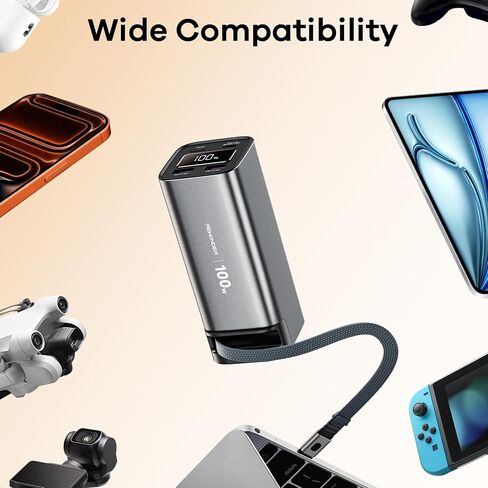 بنك الطاقة REWONDER 100 واط للشحن السريع بقدرة 20000 مللي أمبير في الساعة مع كابل USB-C مدمج قابل للسحب، شاحن محمول لأجهزة الكمبيوتر المحمول MacBook وسلسلة iPhone 17/16 وSamsung وTSA معتمد للسفر الجوي in Kuwait