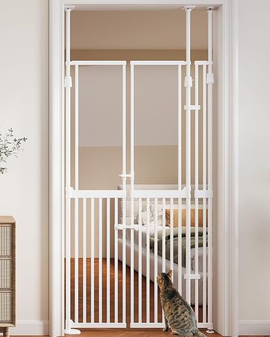 74.8"-90.5" Extra Tall Cat Gate for Doorway, 33.8"-38.2" Width Pet Gate with Auto-Close Double Door and Clear View Panel, No Drilling Pressure Mount for Indoor Stairs Hallway in Saudi Arabia
