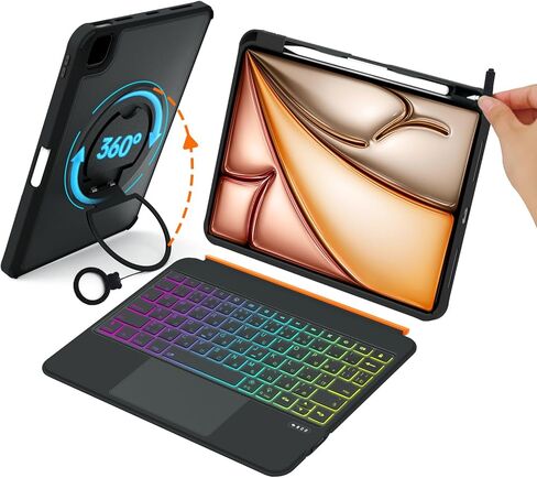 لجهاز iPad A16 11th/10th Gen & Air 11" M3/M2 & 5th/4th Gen & Pro 11" 4/3/2/1 Gen لوحة المفاتيح، قابلة للدوران 360 درجة وقابلة للفصل، حماية كاملة للحافة، لوحة لمس كبيرة، حامل أقلام ونصائح 6.7 بوصة، إضاءة خلفية 7 ألوان in Saudi Arabia