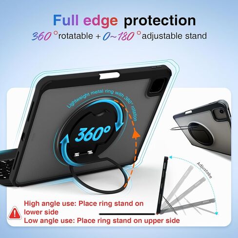 لجهاز iPad A16 11th/10th Gen & Air 11" M3/M2 & 5th/4th Gen & Pro 11" 4/3/2/1 Gen لوحة المفاتيح، قابلة للدوران 360 درجة وقابلة للفصل، حماية كاملة للحافة، لوحة لمس كبيرة، حامل أقلام ونصائح 6.7 بوصة، إضاءة خلفية 7 ألوان in Saudi Arabia