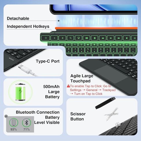 لجهاز iPad A16 11th/10th Gen & Air 11" M3/M2 & 5th/4th Gen & Pro 11" 4/3/2/1 Gen لوحة المفاتيح، قابلة للدوران 360 درجة وقابلة للفصل، حماية كاملة للحافة، لوحة لمس كبيرة، حامل أقلام ونصائح 6.7 بوصة، إضاءة خلفية 7 ألوان in Saudi Arabia