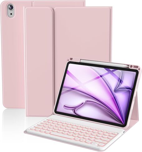 حافظة لوحة مفاتيح aoub لجهاز iPad Air 11 بوصة M3/M2 (2025/2024)، iPad Air الجيل الخامس/4th 10.9 بوصة 2022/2020-7 لوحة مفاتيح مستديرة لاسلكية بإضاءة خلفية قابلة للفصل مع حامل قلم رصاص، وردي in Kuwait