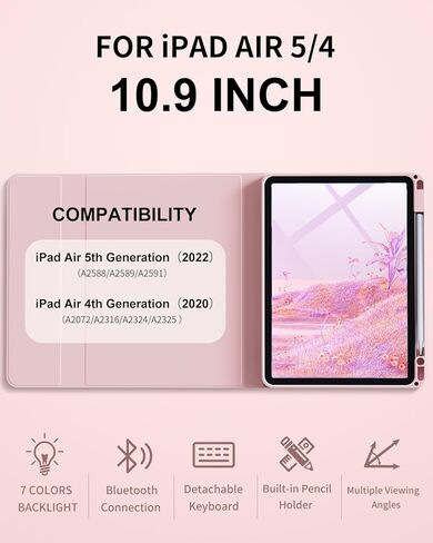 حافظة لوحة مفاتيح aoub لجهاز iPad Air 11 بوصة M3/M2 (2025/2024)، iPad Air الجيل الخامس/4th 10.9 بوصة 2022/2020-7 لوحة مفاتيح مستديرة لاسلكية بإضاءة خلفية قابلة للفصل مع حامل قلم رصاص، وردي in Kuwait