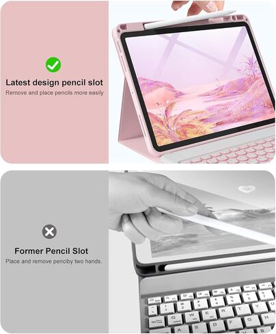 حافظة لوحة مفاتيح aoub لجهاز iPad Air 11 بوصة M3/M2 (2025/2024)، iPad Air الجيل الخامس/4th 10.9 بوصة 2022/2020-7 لوحة مفاتيح مستديرة لاسلكية بإضاءة خلفية قابلة للفصل مع حامل قلم رصاص، وردي in Kuwait