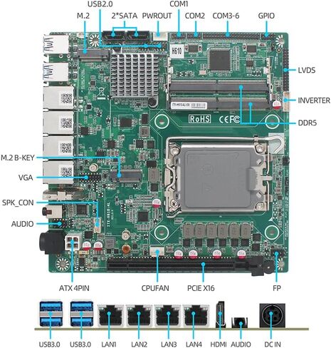 اللوحة الأم 3*i225/i226+1*i219V LAN Mini-ITX DDR5، Intel H610 SATA 6 جيجابت/ثانية (الجيل الثاني عشر Core i3/i5/i7 LGA1700 CPU، M.2 (NVME)، 2*SATA3.0، فتحة PCIEX16، اللوحة الأم N17 NAS/LVDS/GPIO) in Kuwait