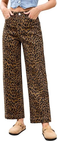 LookbookStore Wide Leg Jeans for Women Trendy High Waisted Stretchy Cheetah Leopard Pants Ankle Length Trouser Jeans in Saudi Arabia