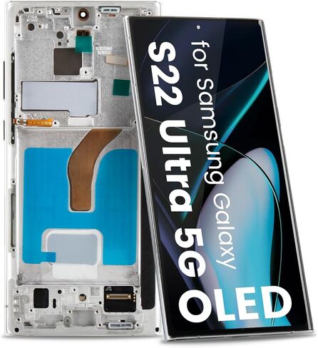 بديل شاشة OLED لهاتف Samsung Galaxy S22 Ultra 5G لشاشة Samsung S22 Ultra 5G LCD SM-S908 SM-S908B مجموعة محول رقمي للشاشة تعمل باللمس مع إطار، إصدار الولايات المتحدة، فضي in Kuwait