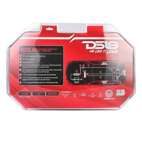 DS18 AKIT0.RD 0-GA مجموعة أسلاك تركيب مكبر الصوت مع حامل الصمامات 250A، ما يصل إلى 3500 واط RMS، سلك فائق المرونة، طقم أسلاك أمبير، طقم أسلاك أمبير 0 مقياس - أحمر in Kuwait