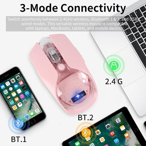 Wireless Bluetooth Mouse,Rechargeable BT & 2.4G Dual Mode Transparent Magnetic Shell Design Portable Optical Mouse with 5Adjustable Resolution,7 RGB Light Gaming Mice for Laptop/PC/Tablet/MacBook-pink in Kuwait