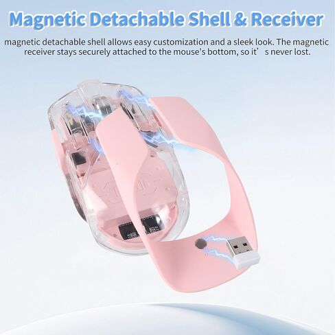 Wireless Bluetooth Mouse,Rechargeable BT & 2.4G Dual Mode Transparent Magnetic Shell Design Portable Optical Mouse with 5Adjustable Resolution,7 RGB Light Gaming Mice for Laptop/PC/Tablet/MacBook-pink in Kuwait