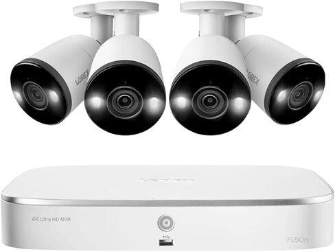 نظام Lorex Fusion 4K 16 قناة (8 سلكية + 8 Wi-Fi) سعة 2 تيرابايت NVR مع 4 كاميرات رصاصة تتميز بالردع الذكي وصوت ثنائي الاتجاه in Kuwait