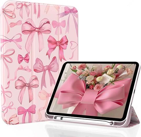 لجهاز iPad A16 11 بوصة 2025 / لجهاز iPad الجيل العاشر 10.9 بوصة 2022 حافظة iPad مع حامل أقلام - [إيقاظ/نوم تلقائي]، غطاء واقٍ ناعم من مادة TPU بحامل ثلاثي الطي، أقواس وردية لطيفة in Kuwait