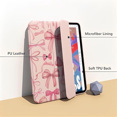 لجهاز iPad A16 11 بوصة 2025 / لجهاز iPad الجيل العاشر 10.9 بوصة 2022 حافظة iPad مع حامل أقلام - [إيقاظ/نوم تلقائي]، غطاء واقٍ ناعم من مادة TPU بحامل ثلاثي الطي، أقواس وردية لطيفة in Kuwait