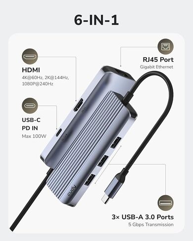 موزع Cudy 6 في 1 USB-C مع منفذ جيجابت إيثرنت RJ45، محول متعدد المنافذ مع HDMI 2.0، 4K 60 هرتز، USB-A 3.2 الجيل 1، USB-C يتلقى 100 وات PD لأجهزة MacBook، iPhone 15/16/17 والمزيد، UH606 in Saudi Arabia