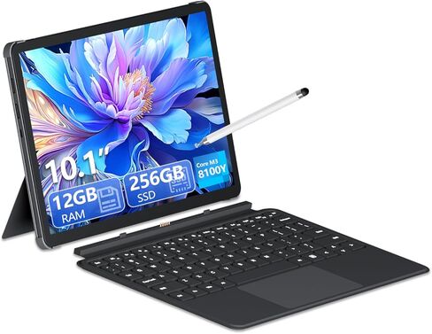 كمبيوتر لوحي/كمبيوتر محمول 10.1 بوصة 2 في 1، ذاكرة وصول عشوائي 12 جيجابايت + SSD سعة 256 جيجابايت، كمبيوتر محمول بشاشة لمس Win 11 مع قلم ولوحة مفاتيح، معالج M3-8100Y (يصل إلى 3.40 جيجاهرتز)، لوحة مفاتيح بإضاءة خلفية، واي فاي 5، BT 5، HDMI، كاميرا مزدوجة in Kuwait