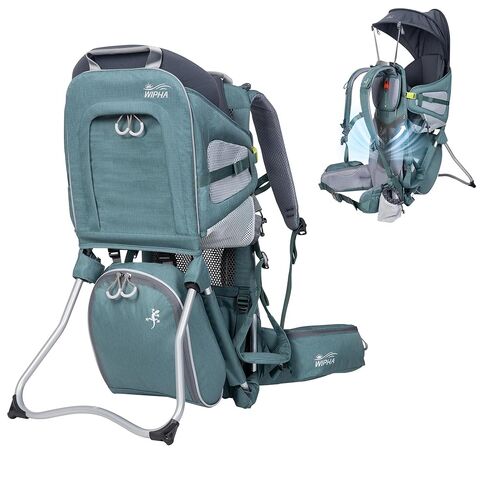 حاملة حقيبة ظهر للأطفال من Wipha - حاملة ظهر خفيفة الوزن للتنزه سيرًا على الأقدام للأطفال، حاملة أطفال قابلة للتعديل مع مظلة، تصميم مسامي، مساحة تخزين كبيرة، للسفر والتخييم (أخضر) in Kuwait