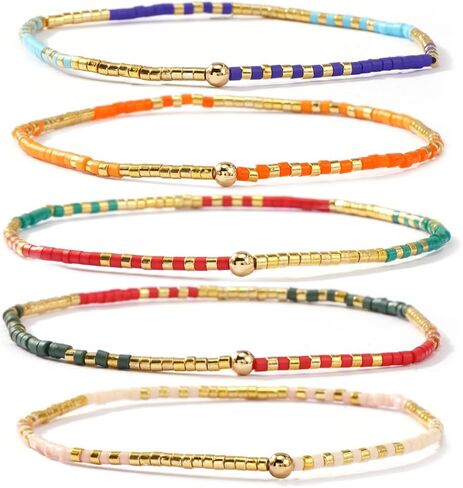 Colorful Stackable Rice Small Mini Seed Beaded Bracelets Set For Women, Handmade Dainty Boho Gold Glass Stretch Accessories Jewelry,Summer Beach Party Daily Friendship Gift in Saudi Arabia