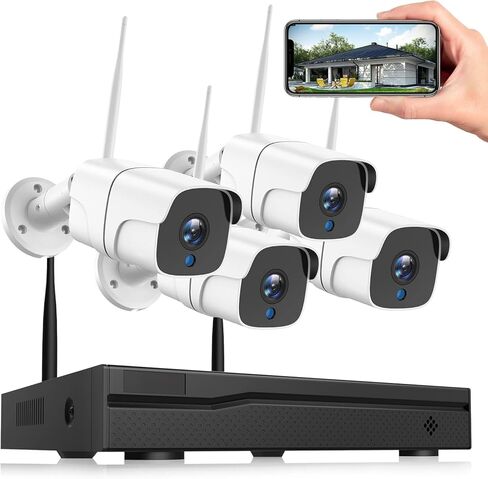 نظام كاميرا أمان لاسلكية، مع 8 قنوات 4K NVR (محرك أقراص ثابتة سعة 500 جيجابايت مثبت مسبقًا) وكاميرات واي فاي للرؤية الليلية 4 × 2 ميجابكسل - قابلة للتوسيع إلى 8 كاميرات، أمان داخلي/خارجي، تنبيهات الحركة، H.265+ in Kuwait